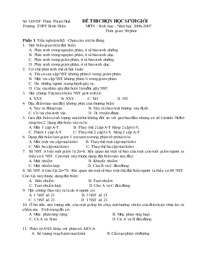 Đề thi chọn học sinh giỏi môn  sinh học - Năm học 2006-2007 thời gian 90 phút